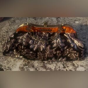 Victorian Style Black and Gold Floral Clutch